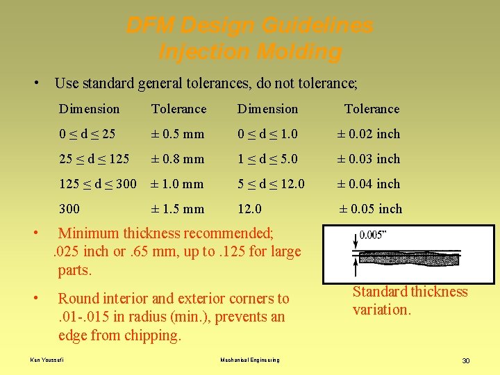 DFM Design Guidelines Injection Molding • Use standard general tolerances, do not tolerance; Dimension