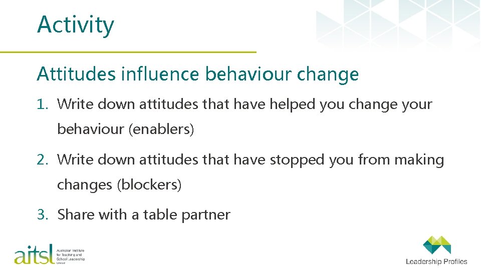 Activity Attitudes influence behaviour change 1. Write down attitudes that have helped you change