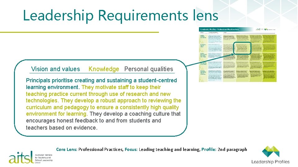 Leadership Requirements lens Vision and values Knowledge Personal qualities Principals prioritise creating and sustaining