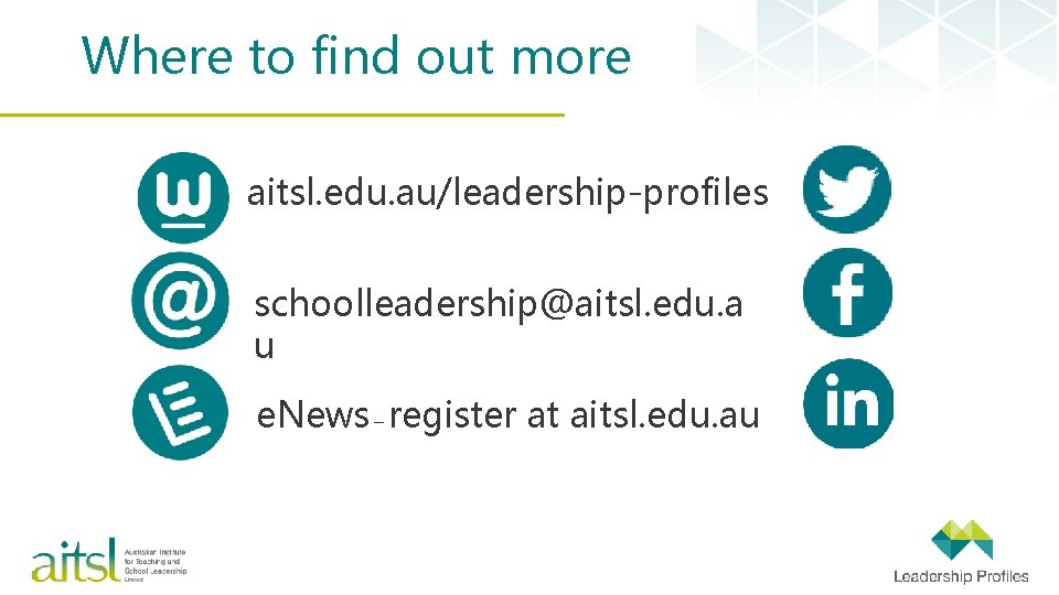 Where to find out more aitsl. edu. au/leadership-profiles schoolleadership@aitsl. edu. a u e. News