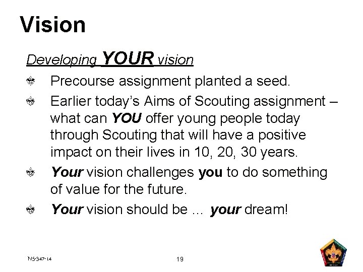 Vision Developing YOUR vision Precourse assignment planted a seed. Earlier today’s Aims of Scouting