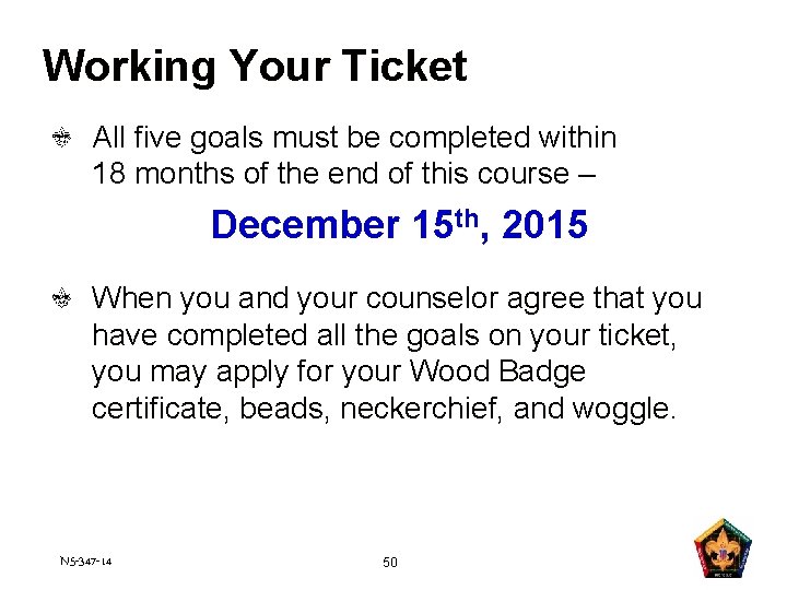 Working Your Ticket All five goals must be completed within 18 months of the