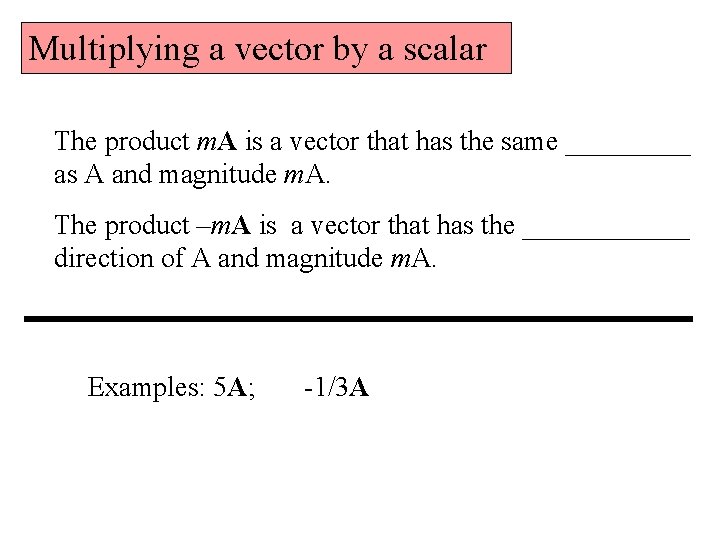 Multiplying a vector by a scalar The product m. A is a vector that Multiplying a vector by a scalar The product m. A is a vector that
