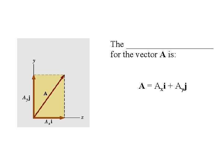 The __________ for the vector A is: A = A xi + A yj The __________ for the vector A is: A = A xi + A yj