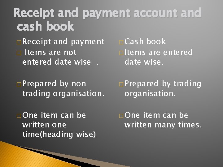 Receipt and payment account and cash book � Receipt and payment � Items are