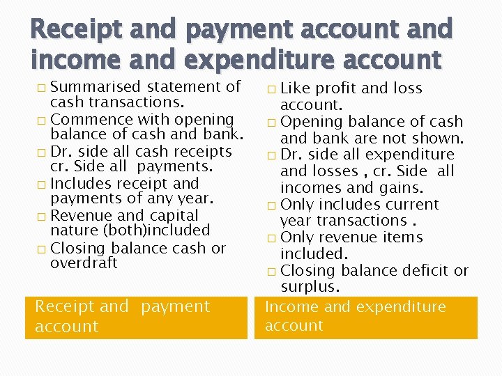 Receipt and payment account and income and expenditure account Summarised statement of cash transactions.