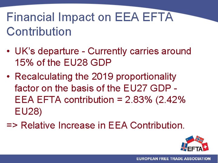 Financial Impact on EEA EFTA Contribution • UK’s departure - Currently carries around 15%