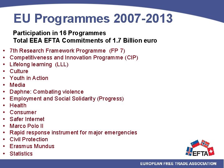 EU Programmes 2007 -2013 Participation in 16 Programmes Total EEA EFTA Commitments of 1.