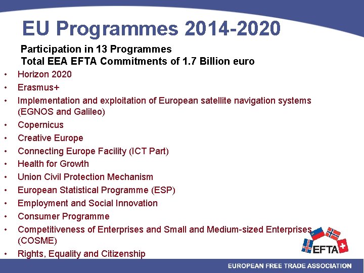 EU Programmes 2014 -2020 Participation in 13 Programmes Total EEA EFTA Commitments of 1.