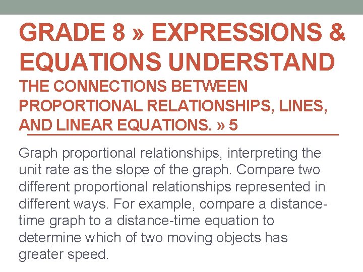 GRADE 8 » EXPRESSIONS & EQUATIONS UNDERSTAND THE CONNECTIONS BETWEEN PROPORTIONAL RELATIONSHIPS, LINES, AND