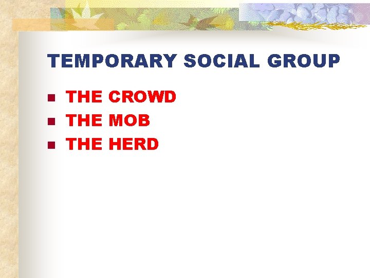 TEMPORARY SOCIAL GROUP n n n THE CROWD THE MOB THE HERD 