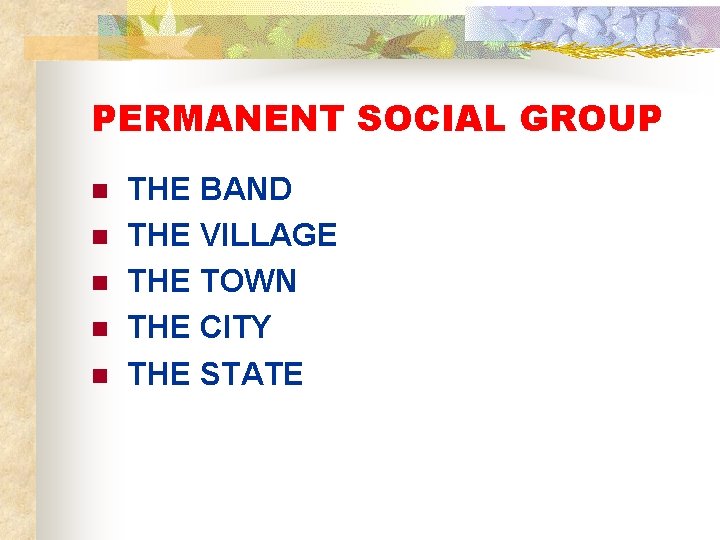 PERMANENT SOCIAL GROUP n n n THE BAND THE VILLAGE THE TOWN THE CITY