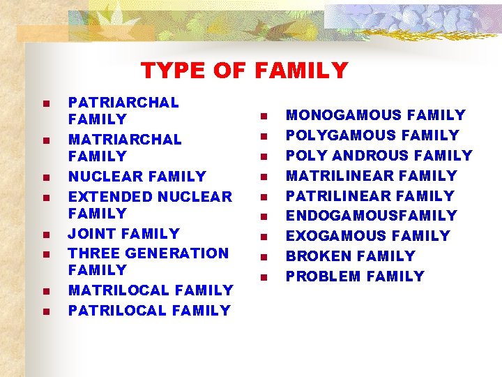 TYPE OF FAMILY n n n n PATRIARCHAL FAMILY MATRIARCHAL FAMILY NUCLEAR FAMILY EXTENDED