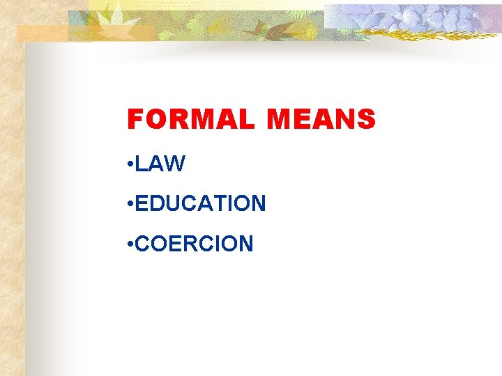 FORMAL MEANS • LAW • EDUCATION • COERCION 