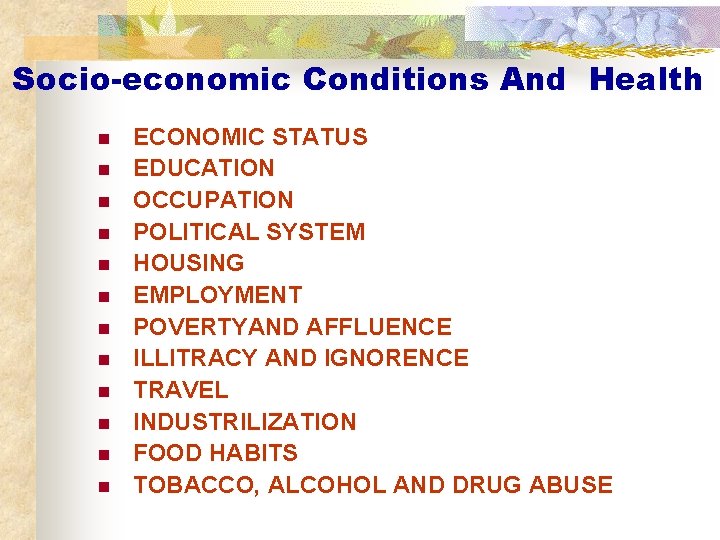 Socio-economic Conditions And Health n n n ECONOMIC STATUS EDUCATION OCCUPATION POLITICAL SYSTEM HOUSING