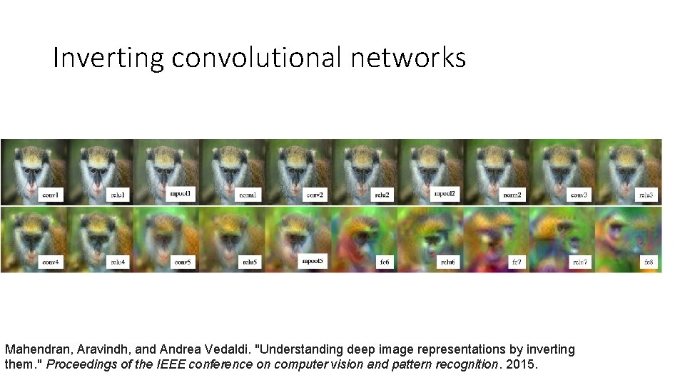 Inverting convolutional networks Mahendran, Aravindh, and Andrea Vedaldi. "Understanding deep image representations by inverting