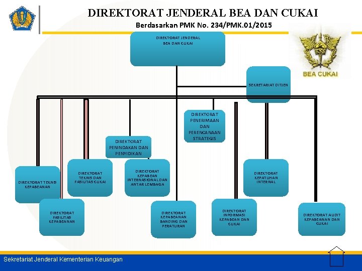 DIREKTORAT JENDERAL BEA DAN CUKAI Berdasarkan PMK No. 234/PMK. 01/2015 DIREKTORAT JENDERAL BEA DAN