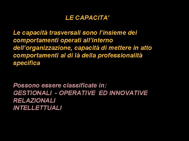 LE CAPACITA’ Le capacità trasversali sono l’insieme dei comportamenti operati all’interno dell’organizzazione, capacità di LE CAPACITA’ Le capacità trasversali sono l’insieme dei comportamenti operati all’interno dell’organizzazione, capacità di