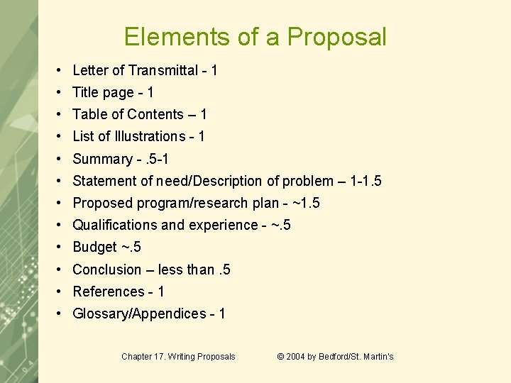 Elements of a Proposal • Letter of Transmittal - 1 • Title page -