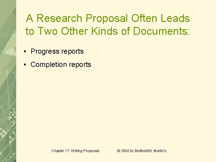 A Research Proposal Often Leads to Two Other Kinds of Documents: • Progress reports