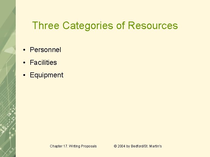 Three Categories of Resources • Personnel • Facilities • Equipment Chapter 17. Writing Proposals