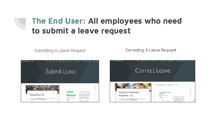 The End User: All employees who need to submit a leave request Submitting A The End User: All employees who need to submit a leave request Submitting A