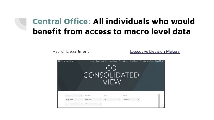 Central Office: All individuals who would benefit from access to macro level data Payroll Central Office: All individuals who would benefit from access to macro level data Payroll