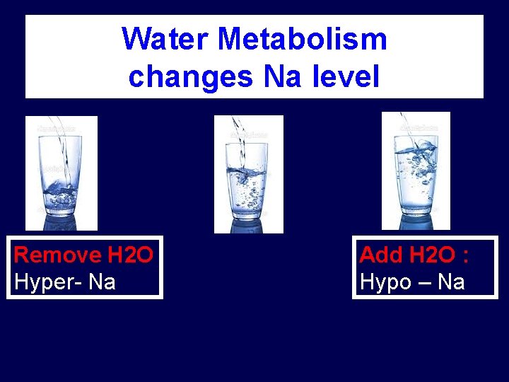 Water Metabolism changes Na level Remove H 2 O Hyper- Na Add H 2