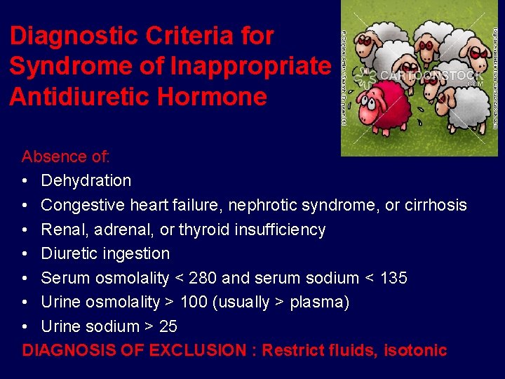 Diagnostic Criteria for Syndrome of Inappropriate Antidiuretic Hormone Absence of: • Dehydration • Congestive