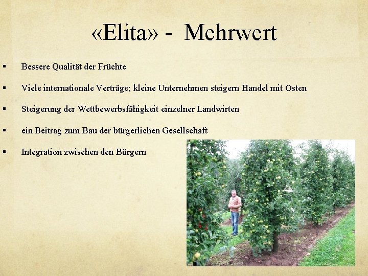  «Elita» - Mehrwert § Bessere Qualität der Früchte § Viele internationale Verträge; kleine