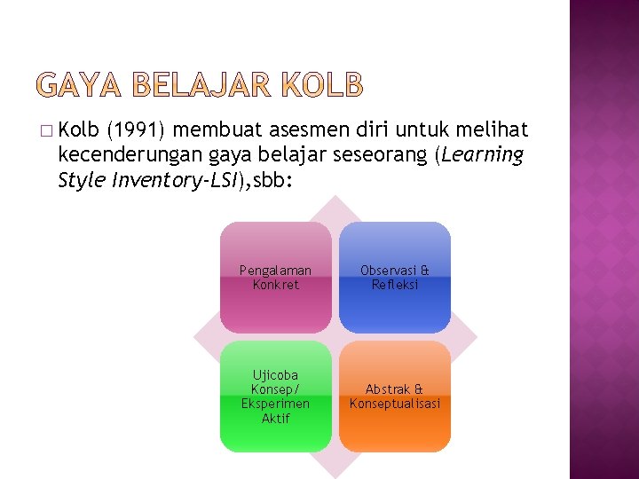 � Kolb (1991) membuat asesmen diri untuk melihat kecenderungan gaya belajar seseorang (Learning Style