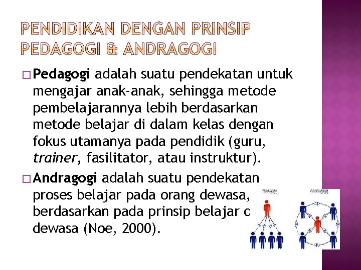 � Pedagogi adalah suatu pendekatan untuk mengajar anak-anak, sehingga metode pembelajarannya lebih berdasarkan metode