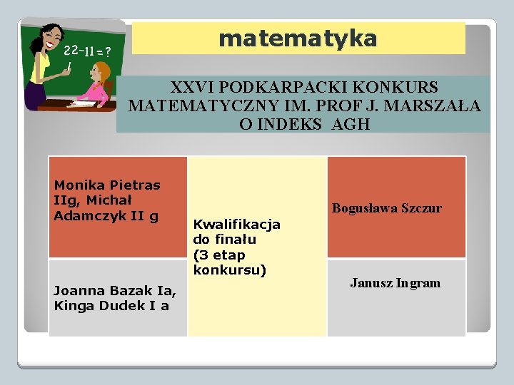 matematyka XXVI PODKARPACKI KONKURS MATEMATYCZNY IM. PROF J. MARSZAŁA O INDEKS AGH Monika Pietras