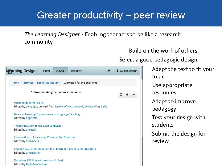 Greater productivity – peer review The Learning Designer - Enabling teachers to be like
