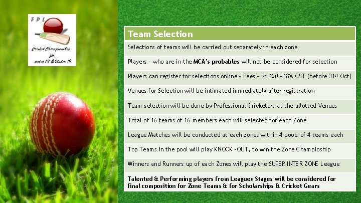 Team Selections of teams will be carried out separately in each zone Players –