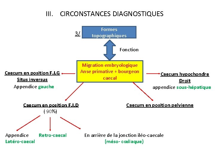 III. CIRCONSTANCES DIAGNOSTIQUES 3/ Formes topographiques Fonction Caecum en position F. I. G Situs