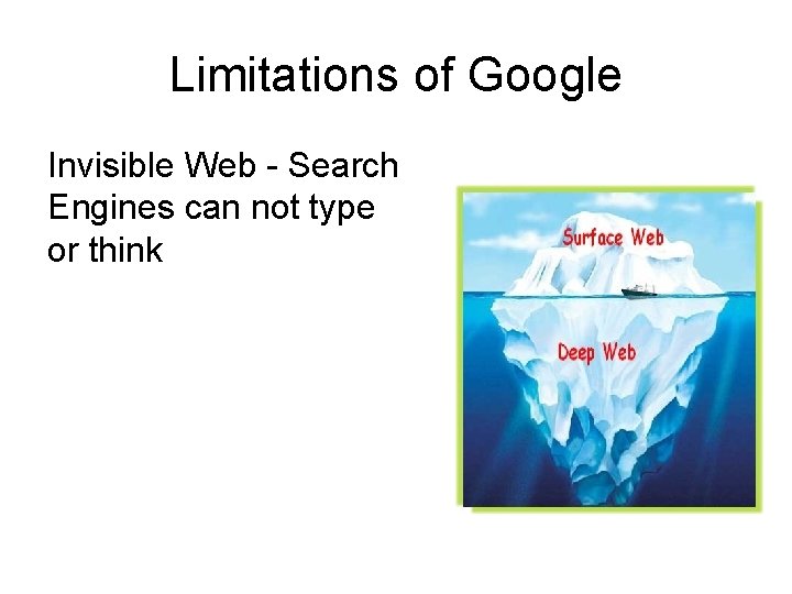 Limitations of Google Invisible Web - Search Engines can not type or think 