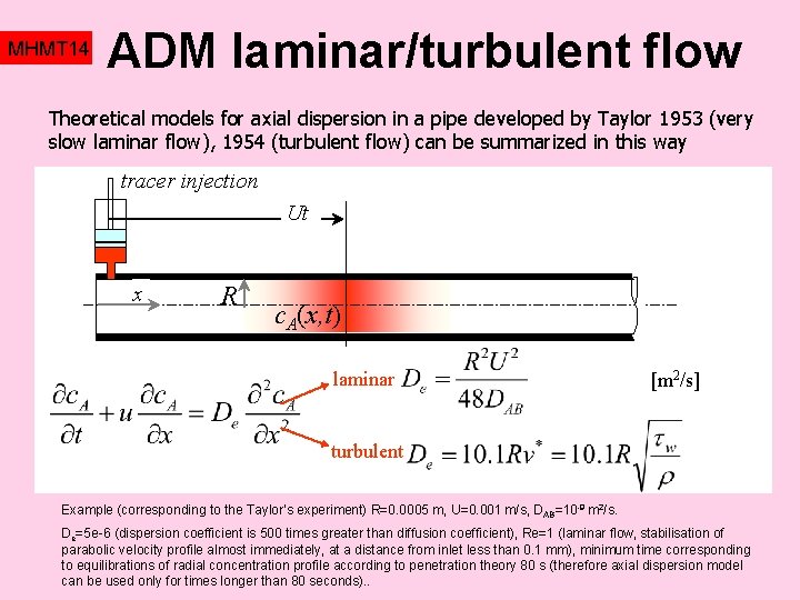 MHMT 14 ADM laminar/turbulent flow Theoretical models for axial dispersion in a pipe developed