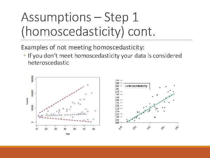 Assumptions – Step 1 (homoscedasticity) cont. Examples of not meeting homoscedasticity: ◦ If you