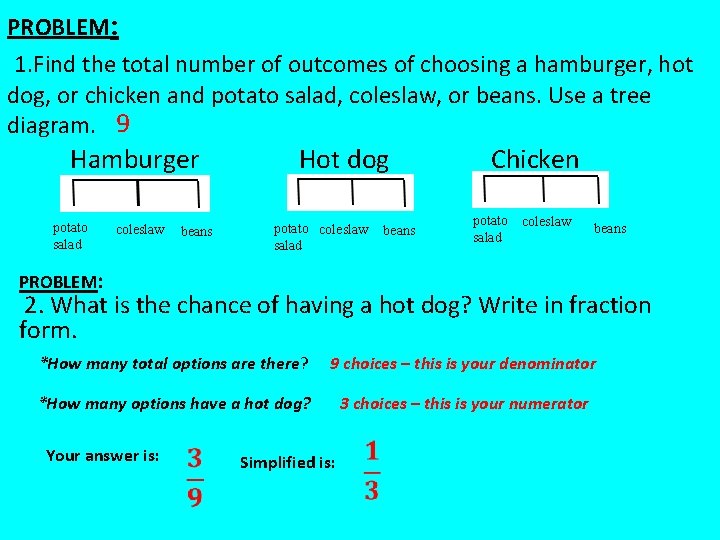 PROBLEM: 1. Find the total number of outcomes of choosing a hamburger, hot dog,