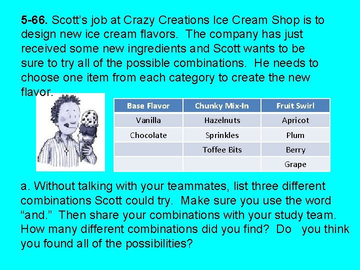 5 -66. Scott’s job at Crazy Creations Ice Cream Shop is to design new