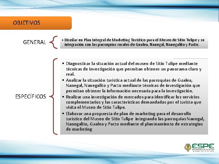 OBJETIVOS GENERAL • Diseñar un Plan Integral de Marketing Turístico para el Museo de