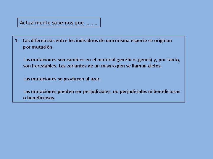 Actualmente sabemos que ……… 1. Las diferencias entre los individuos de una misma especie