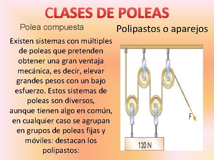 CLASES DE POLEAS Polea compuesta Existen sistemas con múltiples de poleas que pretenden obtener