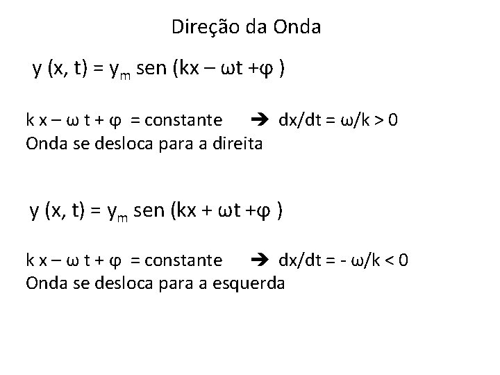 Direção da Onda y (x, t) = ym sen (kx – ωt +ϕ )