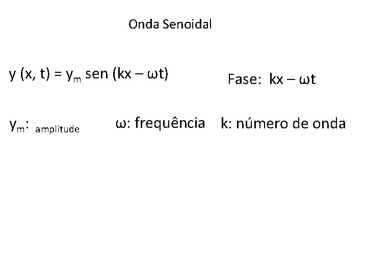 Onda Senoidal y (x, t) = ym sen (kx – ωt) ym: amplitude Fase: