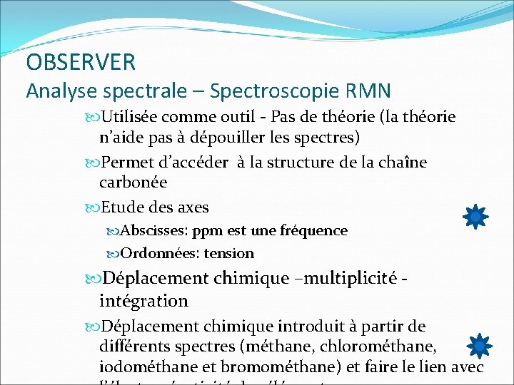 OBSERVER Analyse spectrale – Spectroscopie RMN Utilisée comme outil - Pas de théorie (la