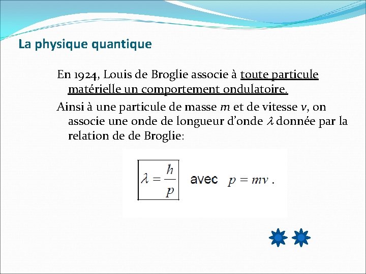 La physique quantique En 1924, Louis de Broglie associe à toute particule matérielle un