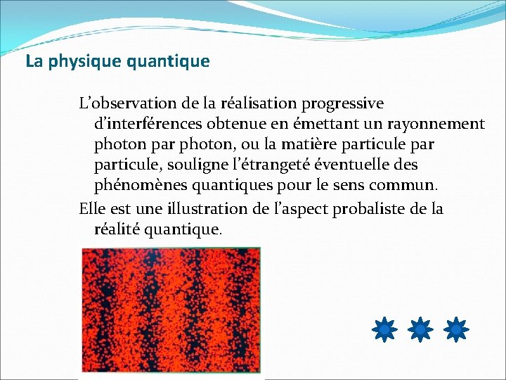 La physique quantique L’observation de la réalisation progressive d’interférences obtenue en émettant un rayonnement