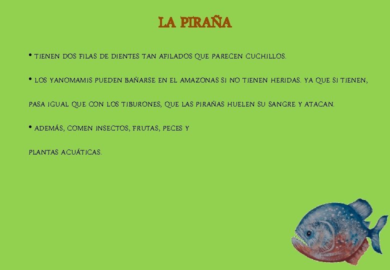 LA PIRAÑA • TIENEN DOS FILAS DE DIENTES TAN AFILADOS QUE PARECEN CUCHILLOS. •